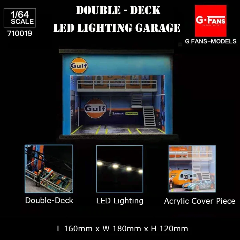 

G-Fans 1:64 Assemble Diorama Double-Desk LED Lighting Garage Model Car Parking Lot Display - Gulf Version