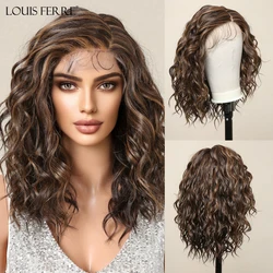 LOUIS FERRE Chocolate Brown Hair With Highlights Short Wavy Synthetic Wigs for Women T Part Lace Wigs for Daily Use Cosplay Hair