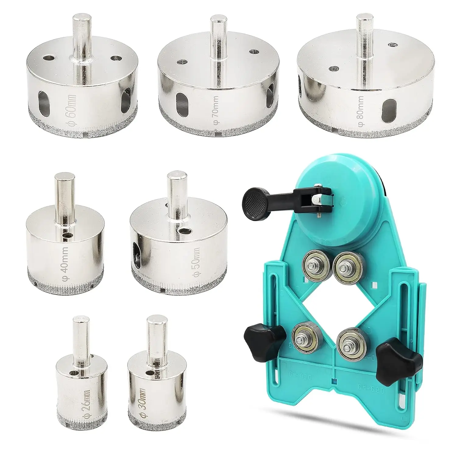 

Набор алмазных коронок (8 шт.) для керамики, стекла, плитки, мрамора с направляющим приспособлением (26–80 мм)