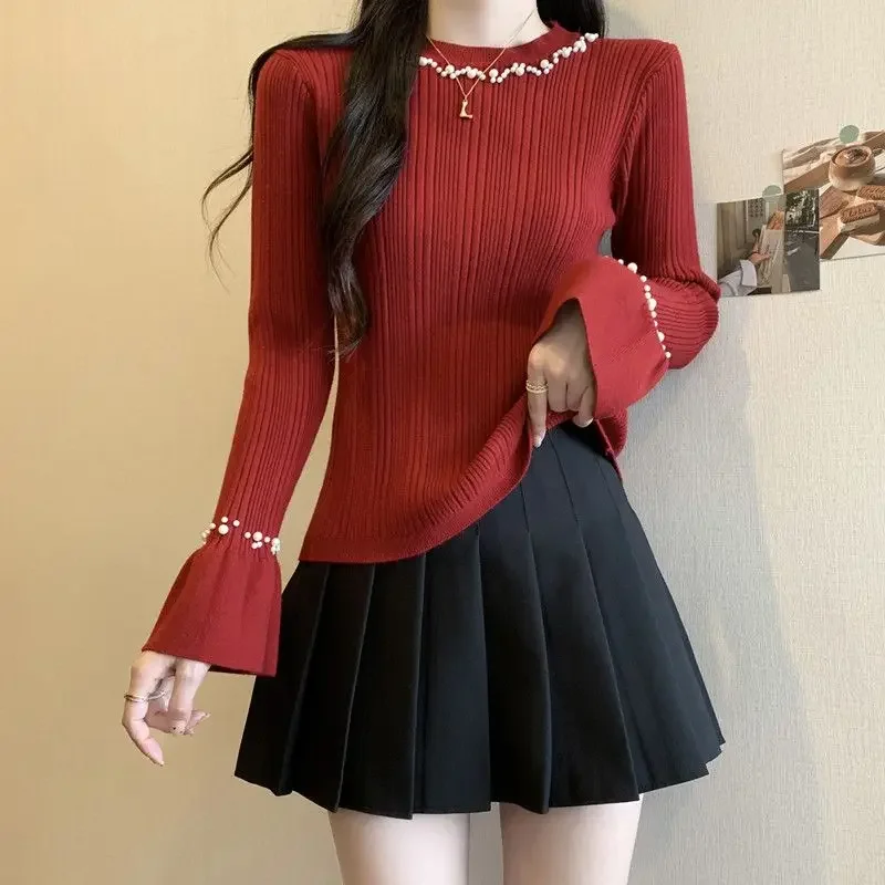 Frauen Koreanische Mode Elegante Chic Perlen Grundlegende Gestrickte Pullover Frühling Herbst Süße Feste O Hals Langarm Schlank Pullover Tops