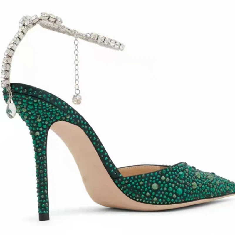 

Ink green Crystal Full Drilled Sandals Rhinestone Chains Strap with pendant Summer pumps Women Thin High Heel pointed Toe Shoes