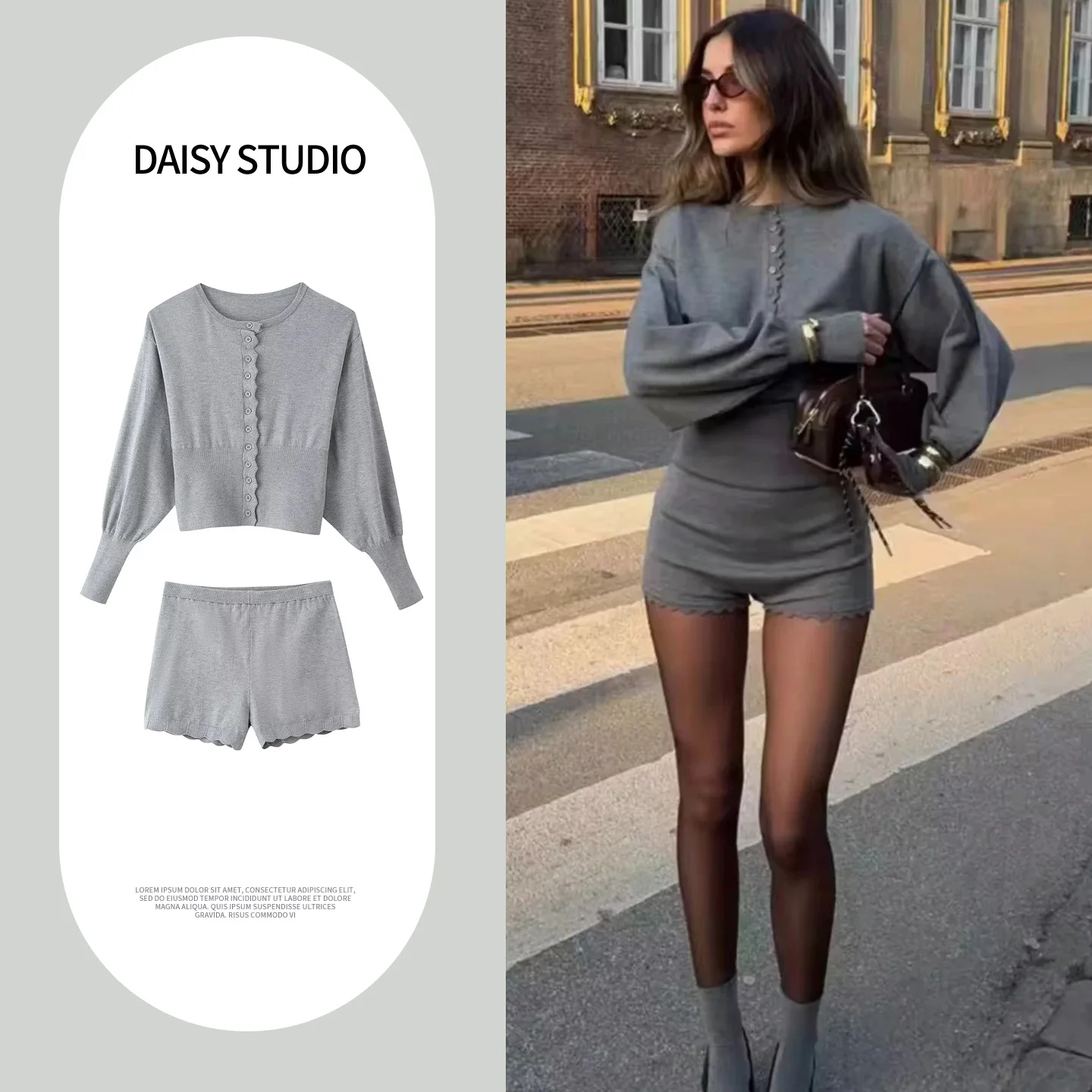 

Spring Summer New Women's round Neck Long Sleeve Single Button Waist Cinched Short Knitted Open Cardigan Casual Shorts Set