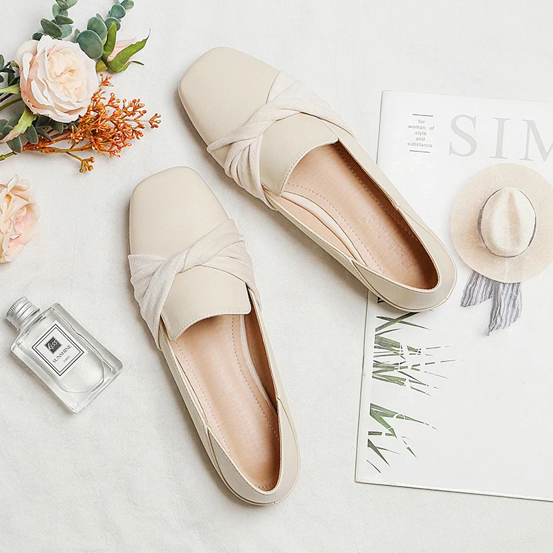 2022 Spring Summer New Flat Heel Shoes for Women Square Toe Beige Simple Concise Style Women Flats Large Size 31-46 Mocassions