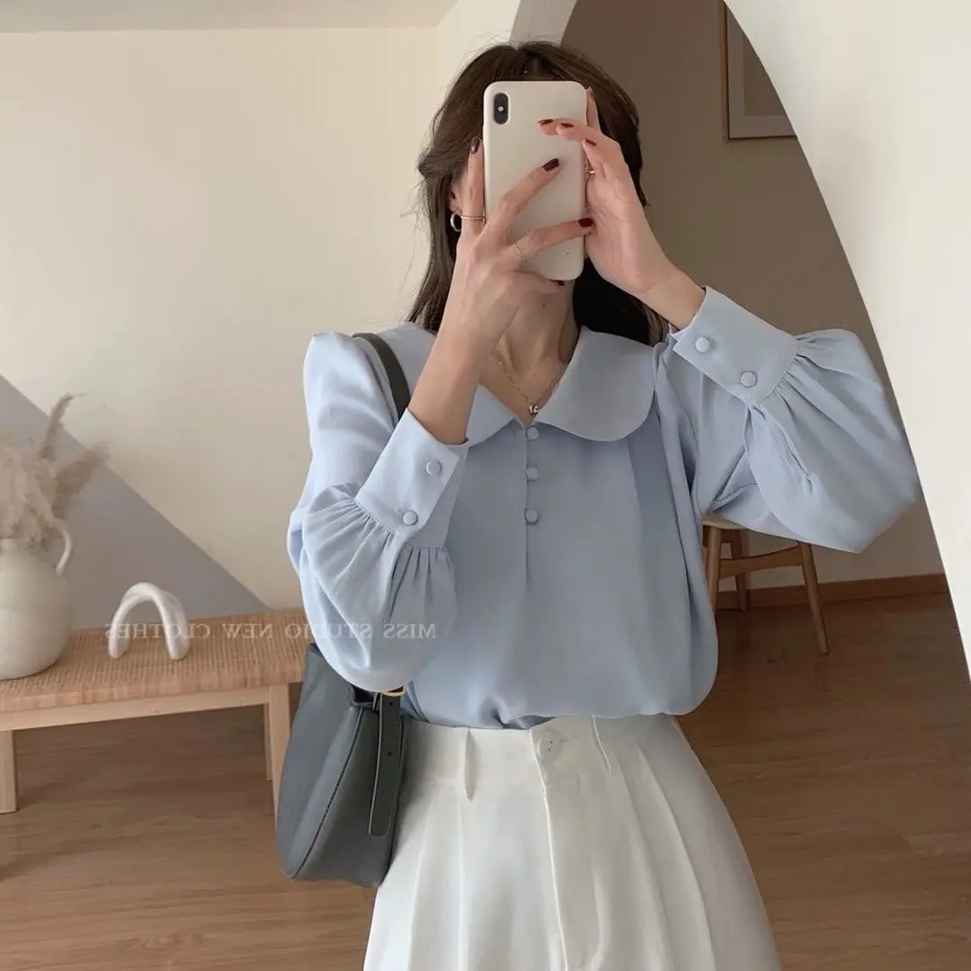 Spring Woman\'s Clothing Blue Shirt Niche Loose All-match Chiffon Sweet Doll Collar Long Sleeve Top Elegant Grace Temperament Ins