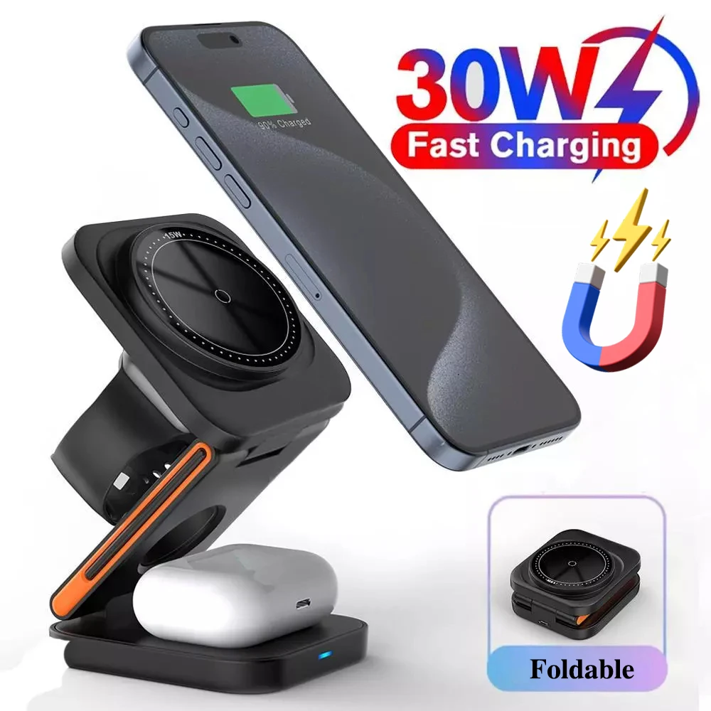 3 In 1 Foldable Magnetic Wireless Charger StandFor iPhone 16 15 14 13Pro 30W Wireless Charger For IWatch 8 9 Airpods 3/2 Station