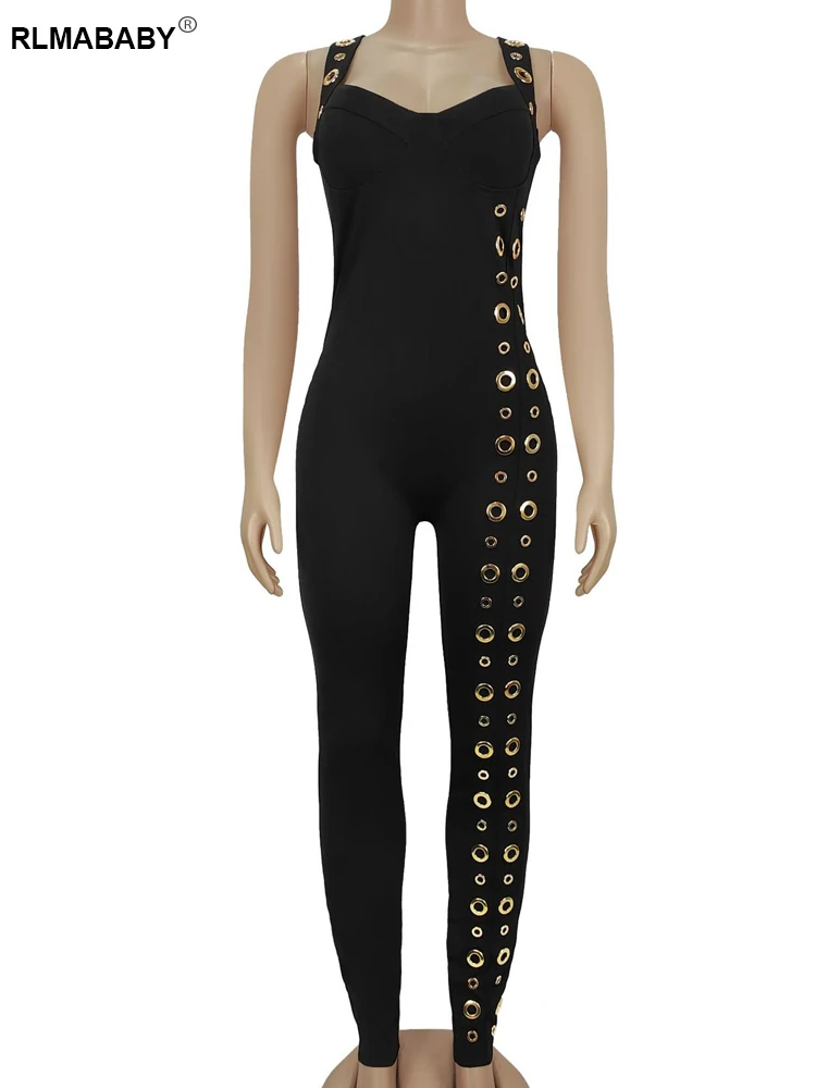 RLMABABY Sexy Strap Backless Metal Circle Women Bodycon Jumpsuit Fashion Low Chest Sleeveless Skinny Rompers Overalls Jumpsuit