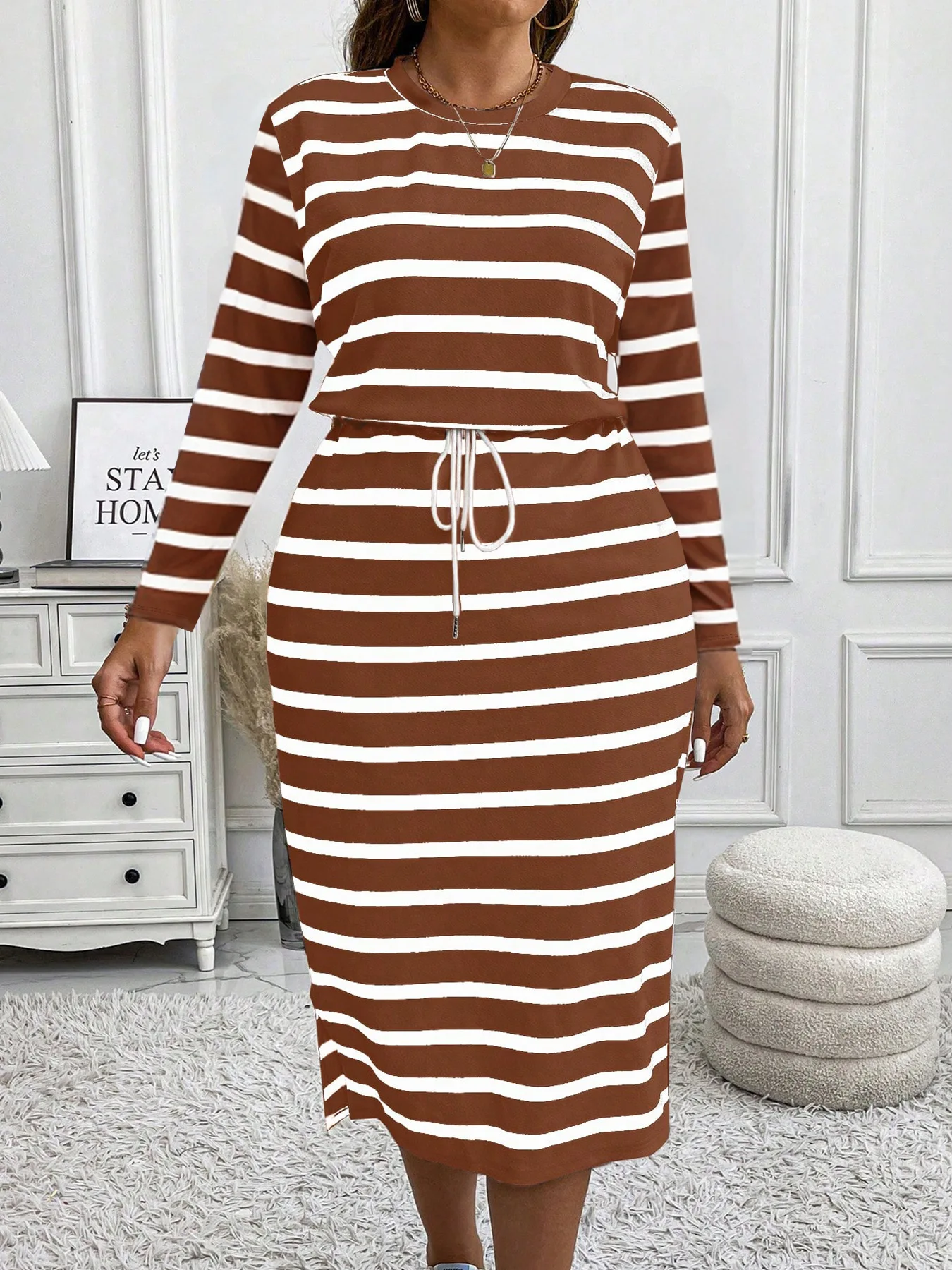 أزياء الخريف والشتاء الاتجاه الجديد فستان كاجوال مريح بشريط أفقي وربطة خصر وأكمام طويلة #5