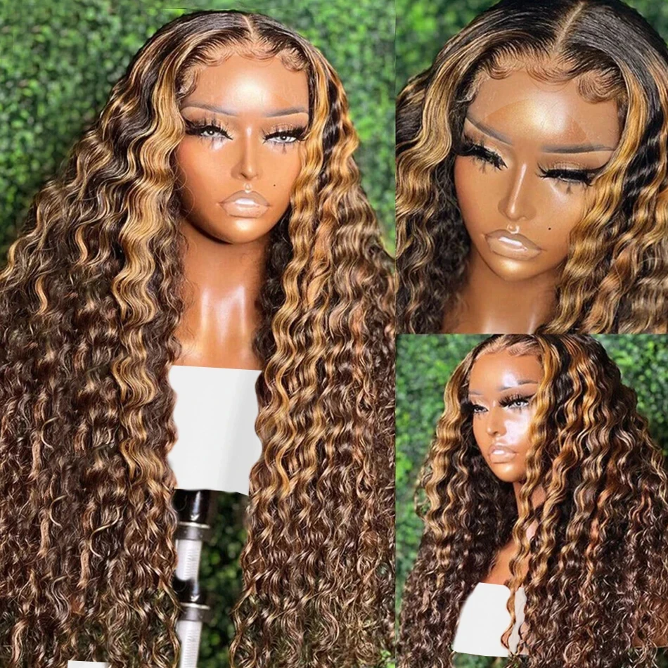 4/27 Highlight Lace Front Wig Curly 30 32 Inch 250 Density 100% Human Hair Remy Ombre Deep Wave 13x4 Lace Frontal Wigs For Women