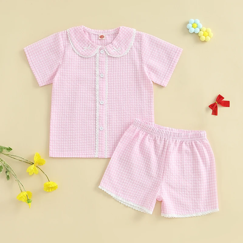 Toddler Girl 2-Piece Summer Set with Short Sleeve Plaid Print Button Down Shirt and Shorts - Cute Baby Clothes for Girls