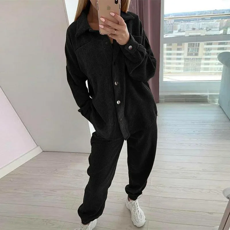 New Long Sleeve Shirts Trousers Set 2024 Women Autumn Single Breasted Tops Wide Leg Pants Sets Female Casual Fashion Suit