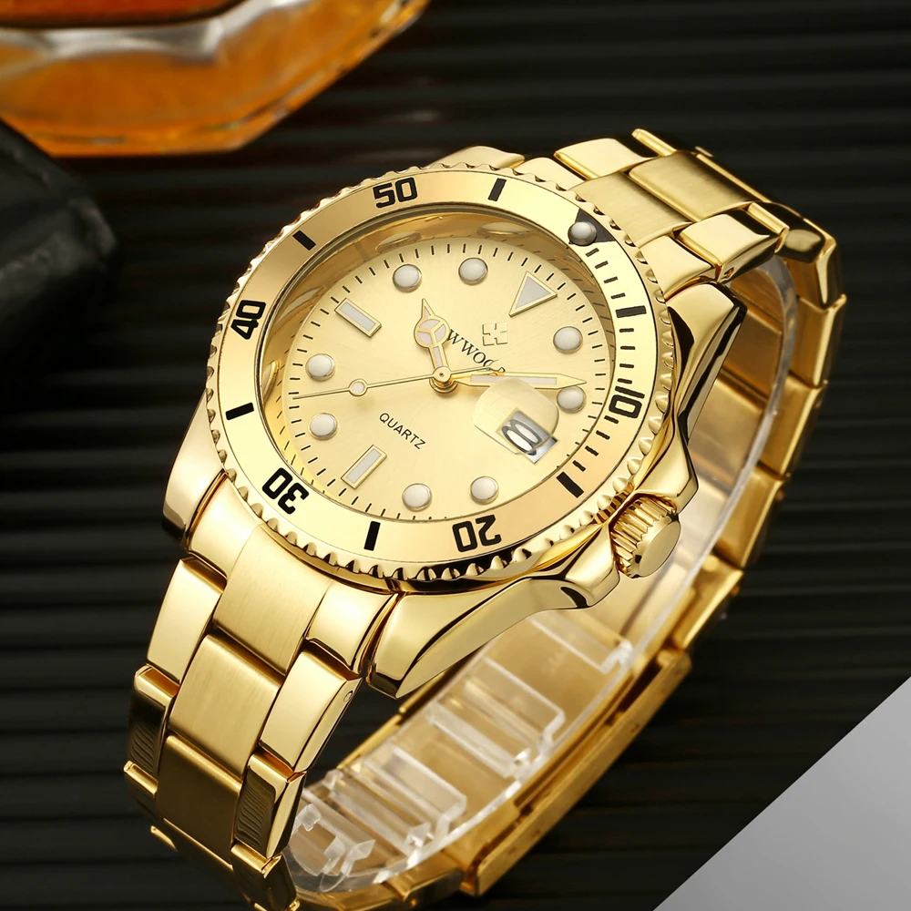 WWOOR Luxury Watch for Men Sport Waterproof Luminous Gold Men's Watches Full Steel Quartz Men Watch Date Business Montre Homme