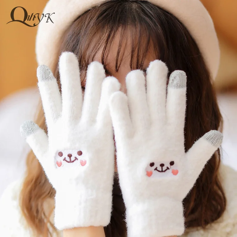 Cute Warm Gloves Women Girls Winter Fluffy Knitted Fingerless Gloves Wool Touchscreen Phone Full Finger Mittens