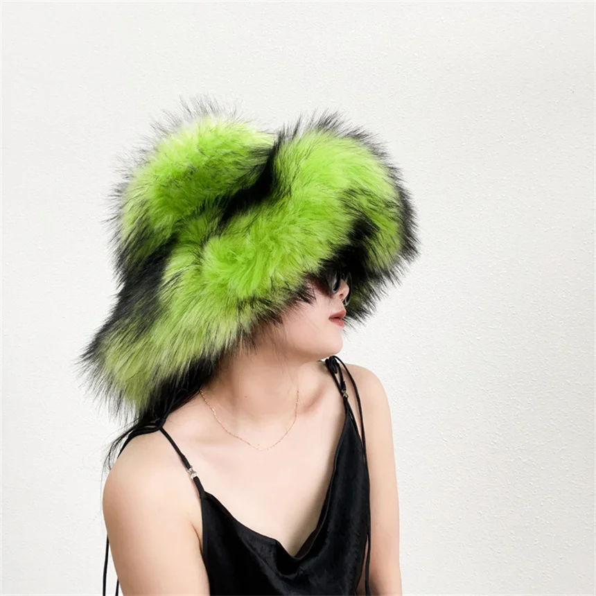 Lady Fashion Luxury Panama Furry Fisherman Cap Fluffy Faux Fur Bucket Hats Y2k Women Raccoon Fur Hat Warm Thick Plush Winter Hat