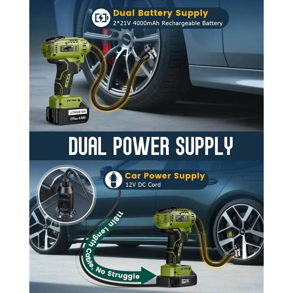 Inflador de neumáticos inalámbrico portátil de 150PSI con 2 baterías de 21 V, doble potencia, luz LED