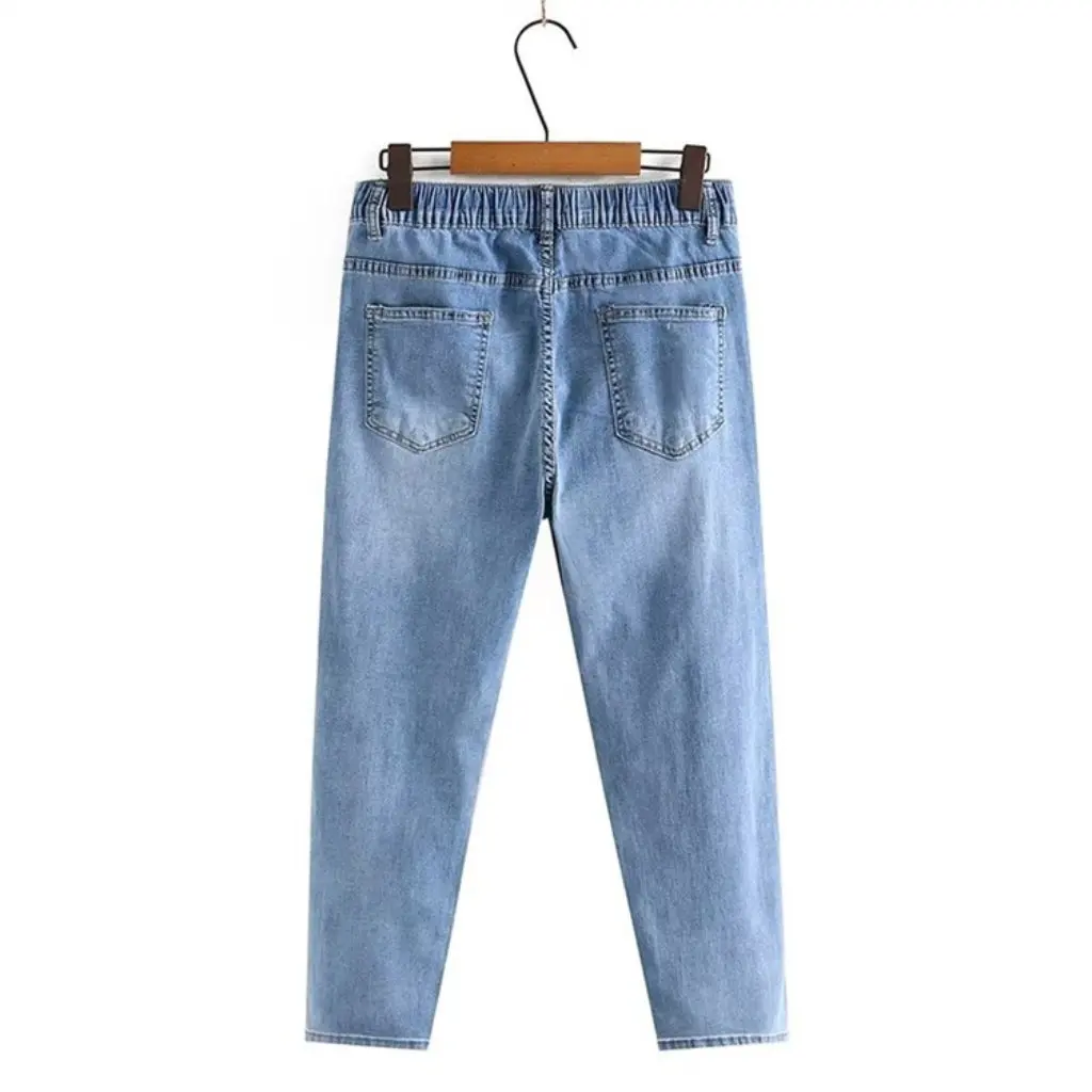 Novedad de verano, pantalones vaqueros elásticos de cintura alta de talla grande, pantalones Harlan ajustados informales 200 Jin Fat MM2024 Hole Harlan