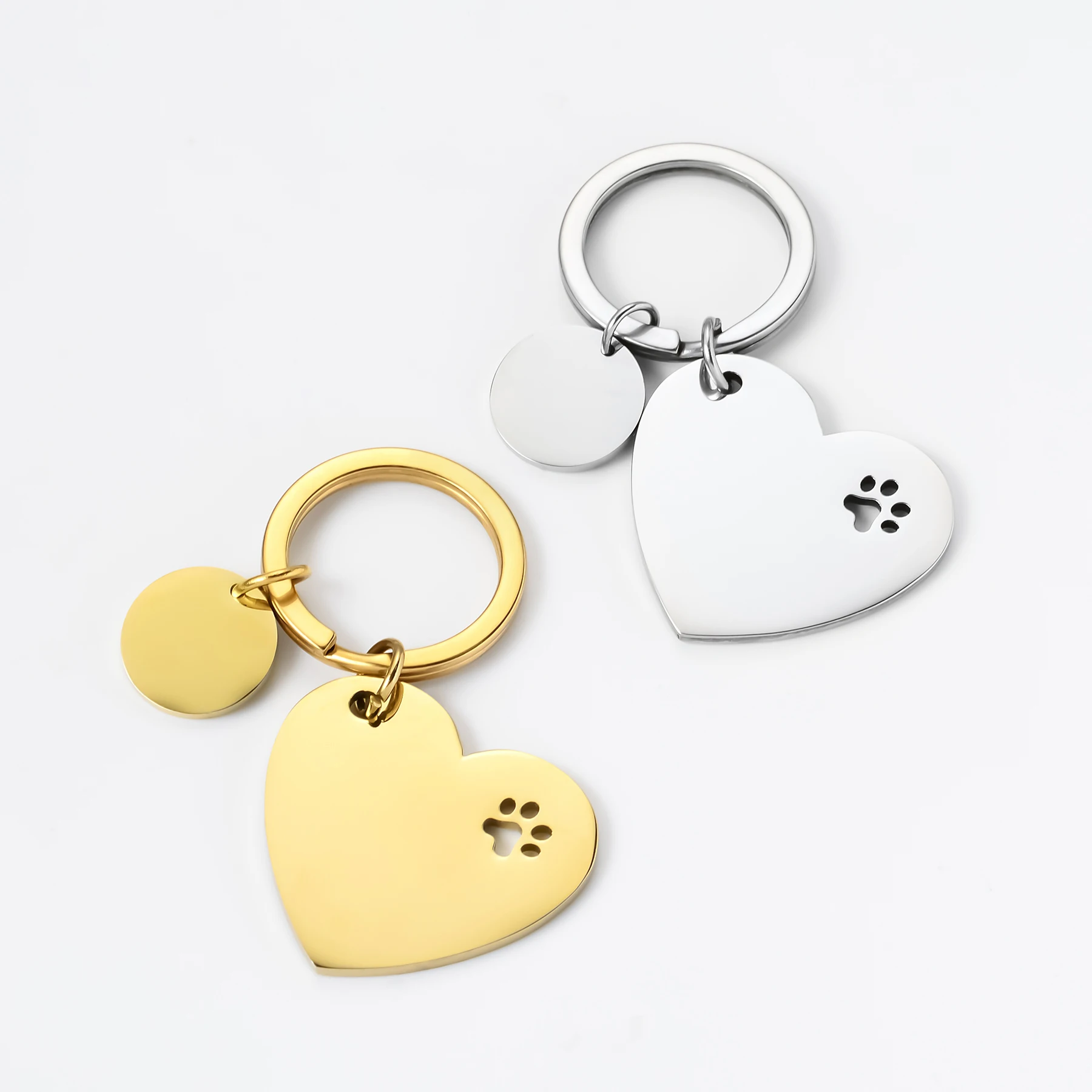 3Pcs Fashion Stainless Steel Heart Paw Prints Blank Dog Tag Keychain Round Charm For Pet Custom DIY Jewelry Making Keychain