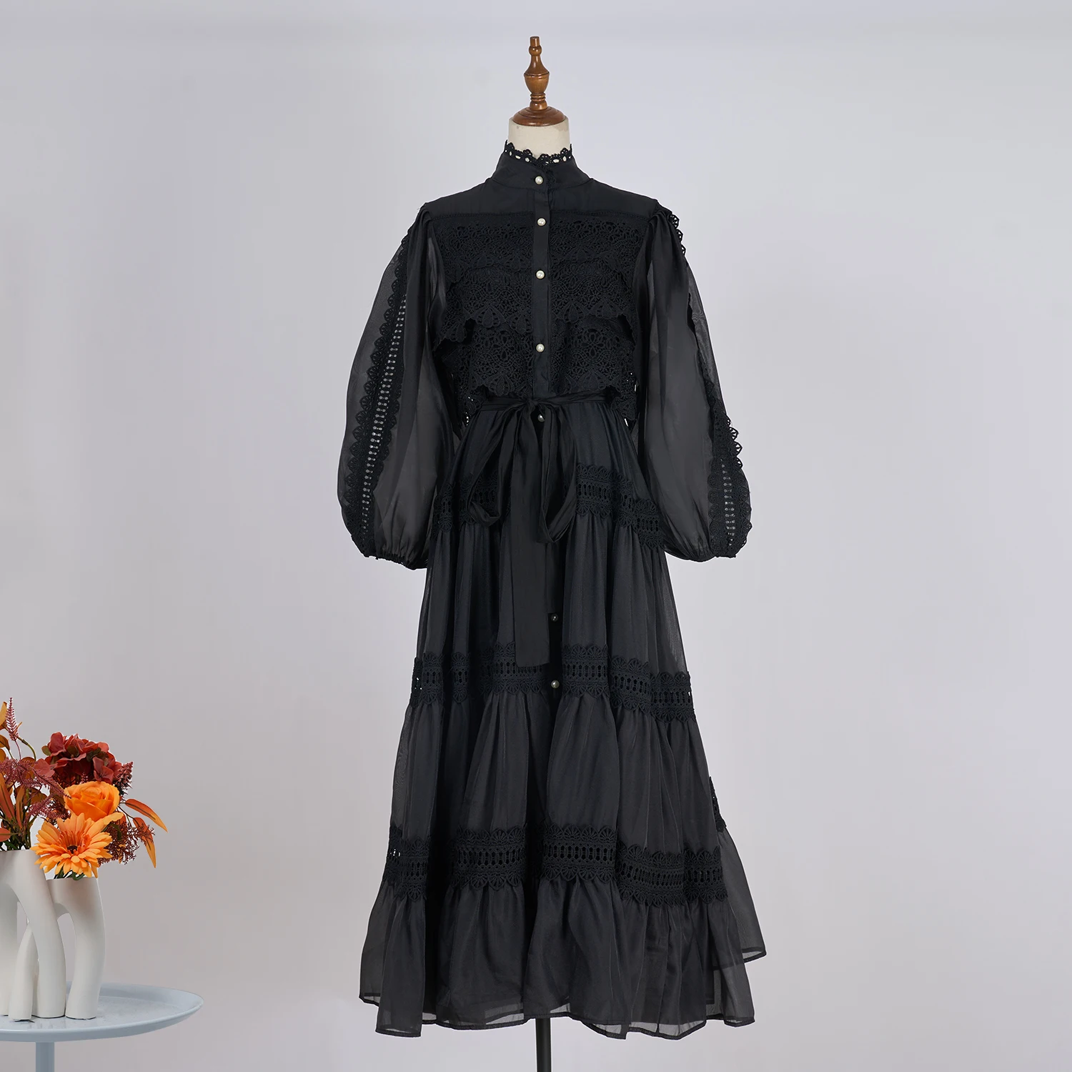 Luxury Long Dresses Women 2026 Spring Summer Embroidery Ruffle Lace Pearl Hollow Out Party Midi Dress Shirt Full Sleeve Vestidos