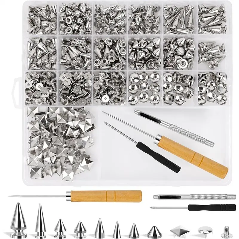 

【Ship Within Flat Design 543P Punk Spikes And Studs Kit With 8 Size Metal Tree Spikes And 2 Size Pyramid Studs For Leather
