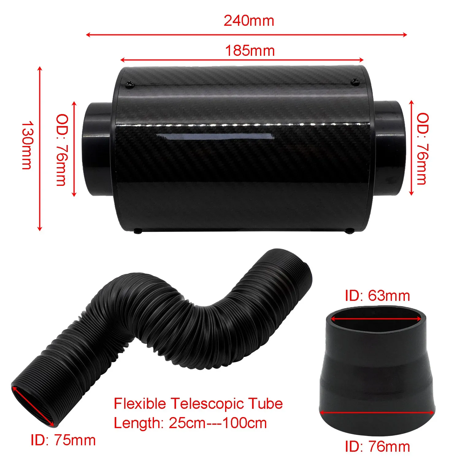 Air Filter Kit 76mm Car Cold Intake Systems Carbon Fiber Cover Racing Sport Auto Performance Filters 3.0inch Pipe Adapter Box