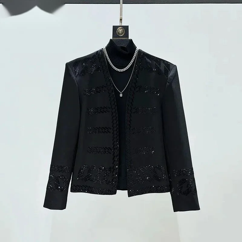 black Short Jacket Men Stage Performance Collarless Padded Shoulder Coat Cardigan Long Sleeve Male Outerwear ZN69