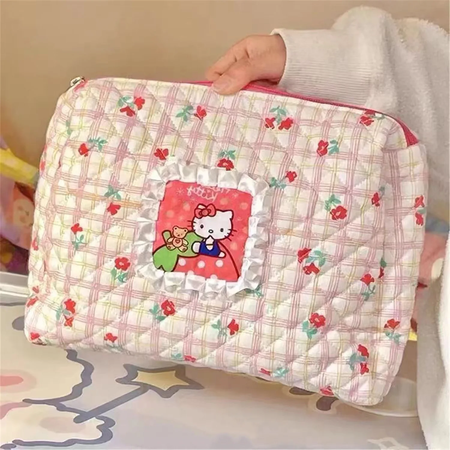 Cartoon Kitty Makeup Bag Cute Student Portable Toilet Storage Bag Quilted Large Capacity Handheld Bag