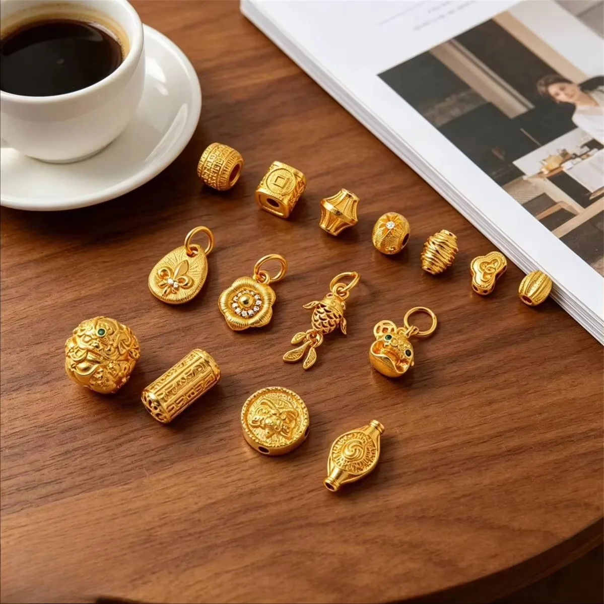 Chinese Wealth Theme Charms 24K Gold Plated Brass Anti-Tarnish Pumpkin Coin Koi Pixiu Pendants DIY Findings