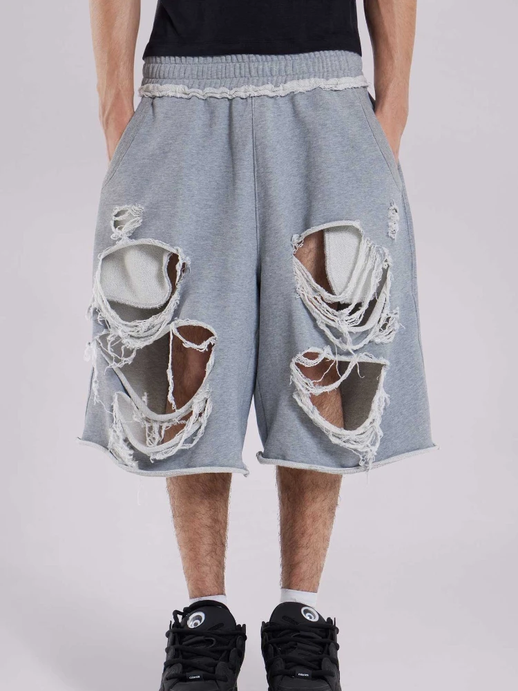 

HOUZHOU Gray Distressed Shorts Women Casual Baggy Wide Leg Sport Shorts Hip Hop Grunge Streetwear Oversized Holes Short Pants