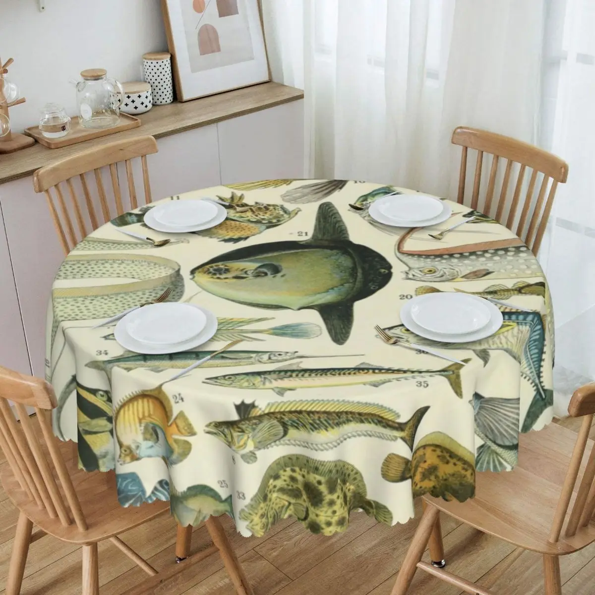 Custom Adolphe Millot Poissons Tablecloth Waterproof Book Encyclopedia French Painter Table Cloth Cover for Kitchen 60 inches