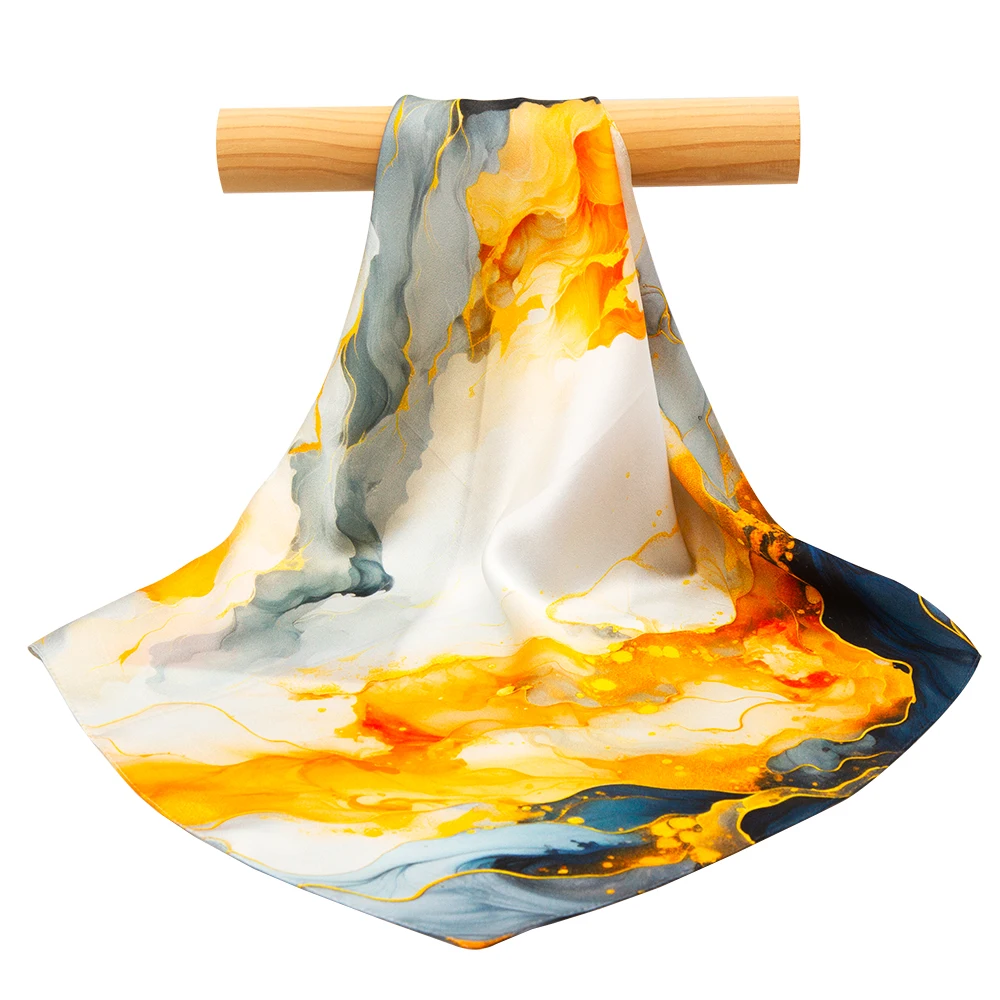 53cm 100% Natural Silk Scarf Women Designer Abstract Marble Foulard Luxury Orange Grey Bandana Ladies Neck Square Hair Head Wrap