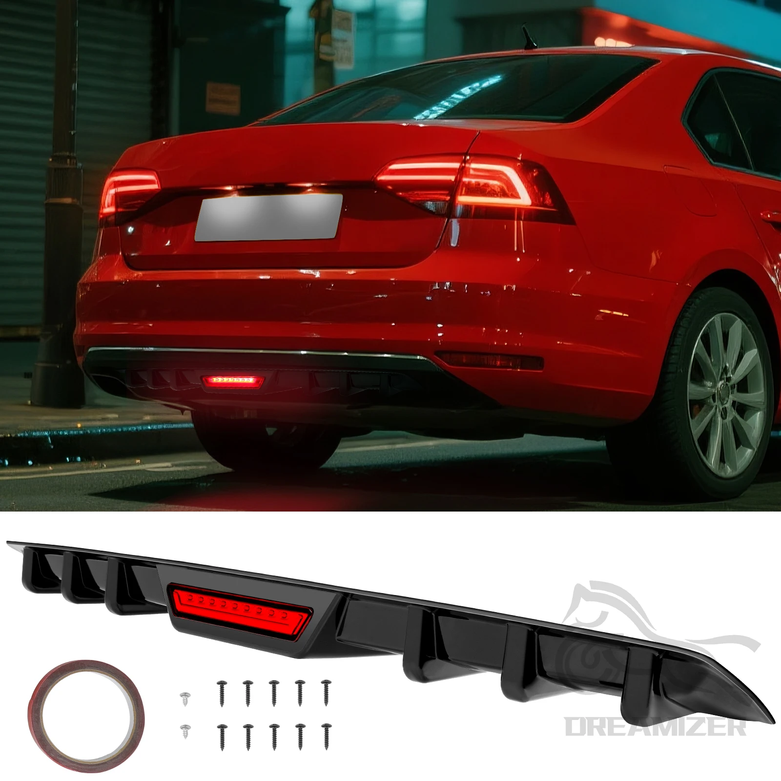 Schwarzer Universal-Diffusor für die hintere Stoßstange, Haifischflosse, Stoßstangenlippe, Splitter, Spoiler mit Bremslichtern für Chrysler 300, Infiniti G37