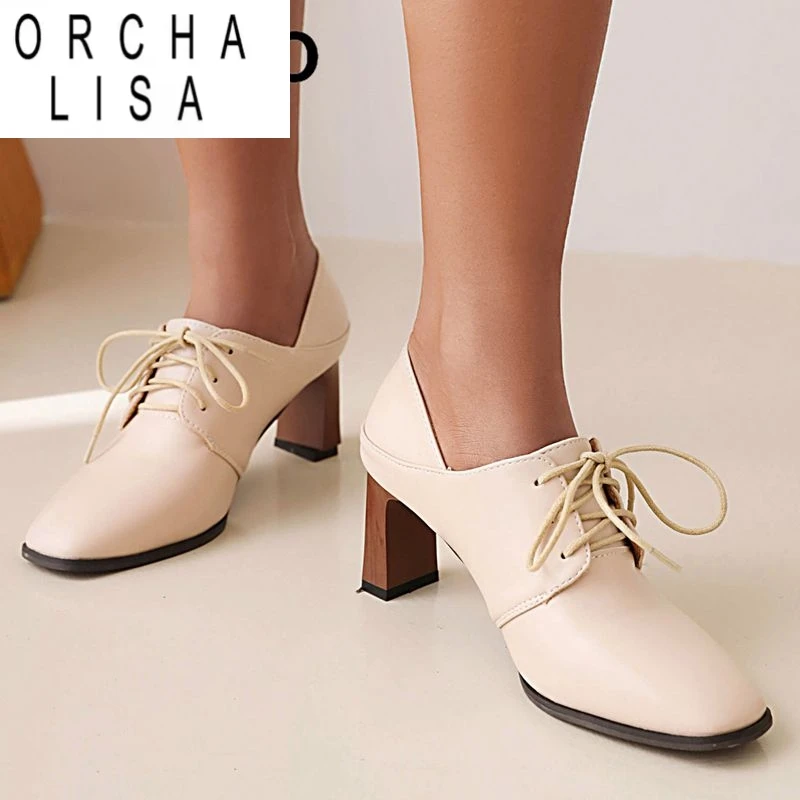 

ORCHA LISA 2025 Новый дизайн Офисные женские туфли-лодочки с квадратным носком на блочном каблуке 6,5 см на шнуровке Большие размеры 41 42 43 Мягкая повседневная женская обувь 33