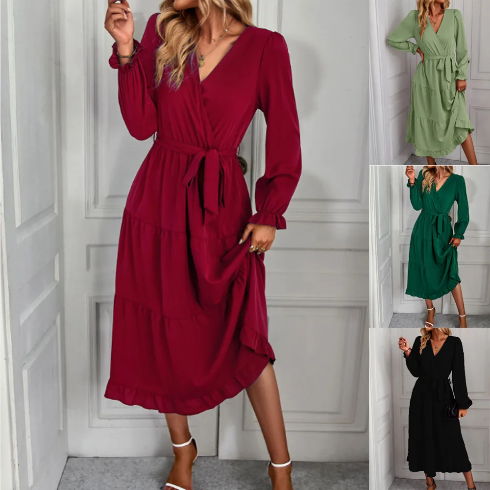 Elegant Women Pink Autumn Long Dresses V Neck Long Sleeve Ruffles Hem Lace Up Wine Red Party Evening Maxi Dress Vestidos Robes