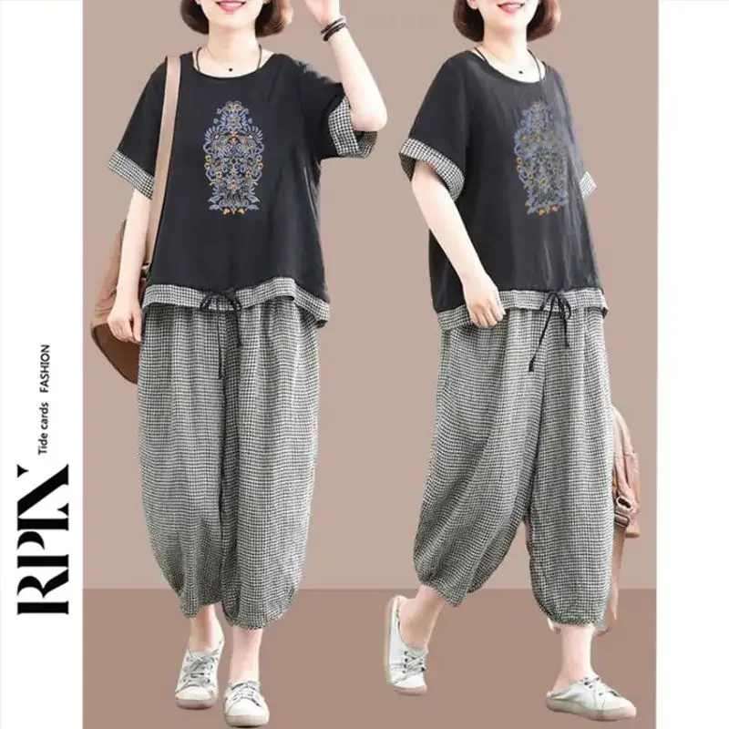 Conjuntos de correspondência de moda folk verão novo solto oversized linho xadrez terno de duas peças feminino shirring conjuntos de cintura elástica jj736