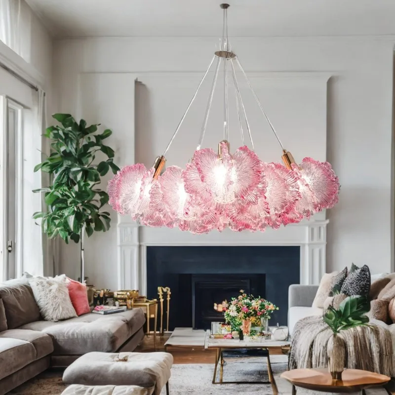 

Minimalist living room Pink petals Clouds design Glass LED Chandelier lustre Creative Ceiling for Kitchen island Decoration