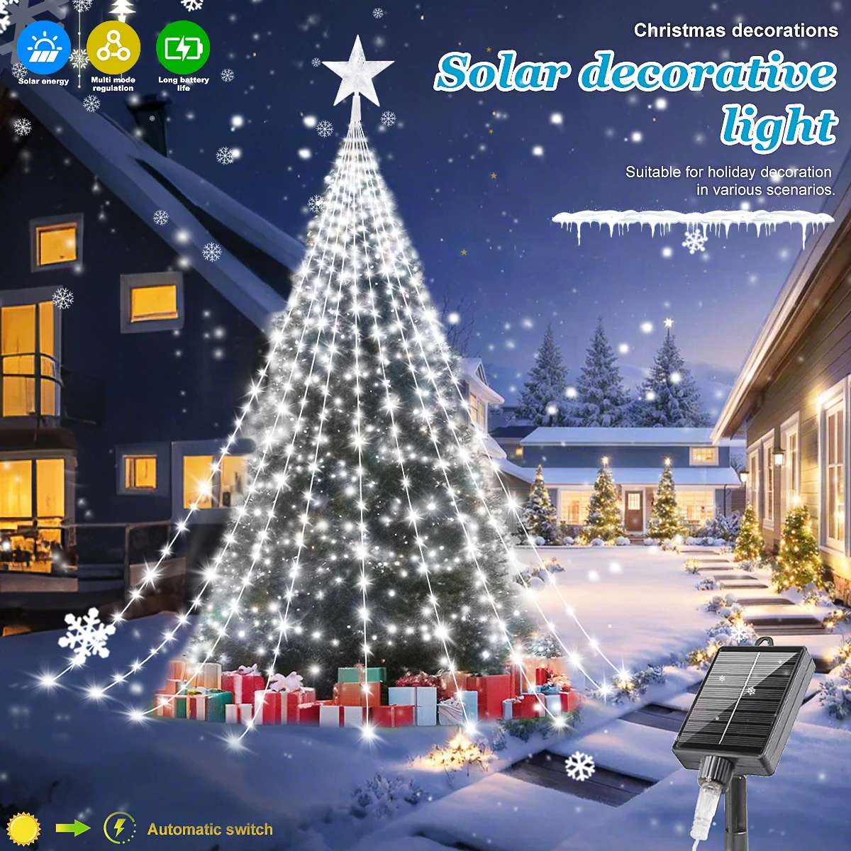 Outdoor Solar Christmas Tree Lights 8 Modes 2/3M LED Pentagram Waterfall Lights Waterproof String for Courtyard Party Decor