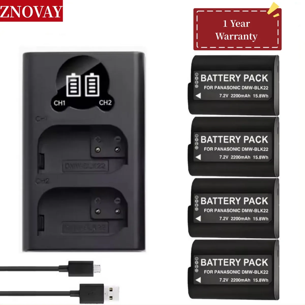 4Pcs 2200mAh DMW-BLK22 Battery& Dual Charger for Panasonic Lumix DC-S5 II DC-S5 IIX GH5 II GH6 S5II S5IIX S5M2 S5M2X GH5M2