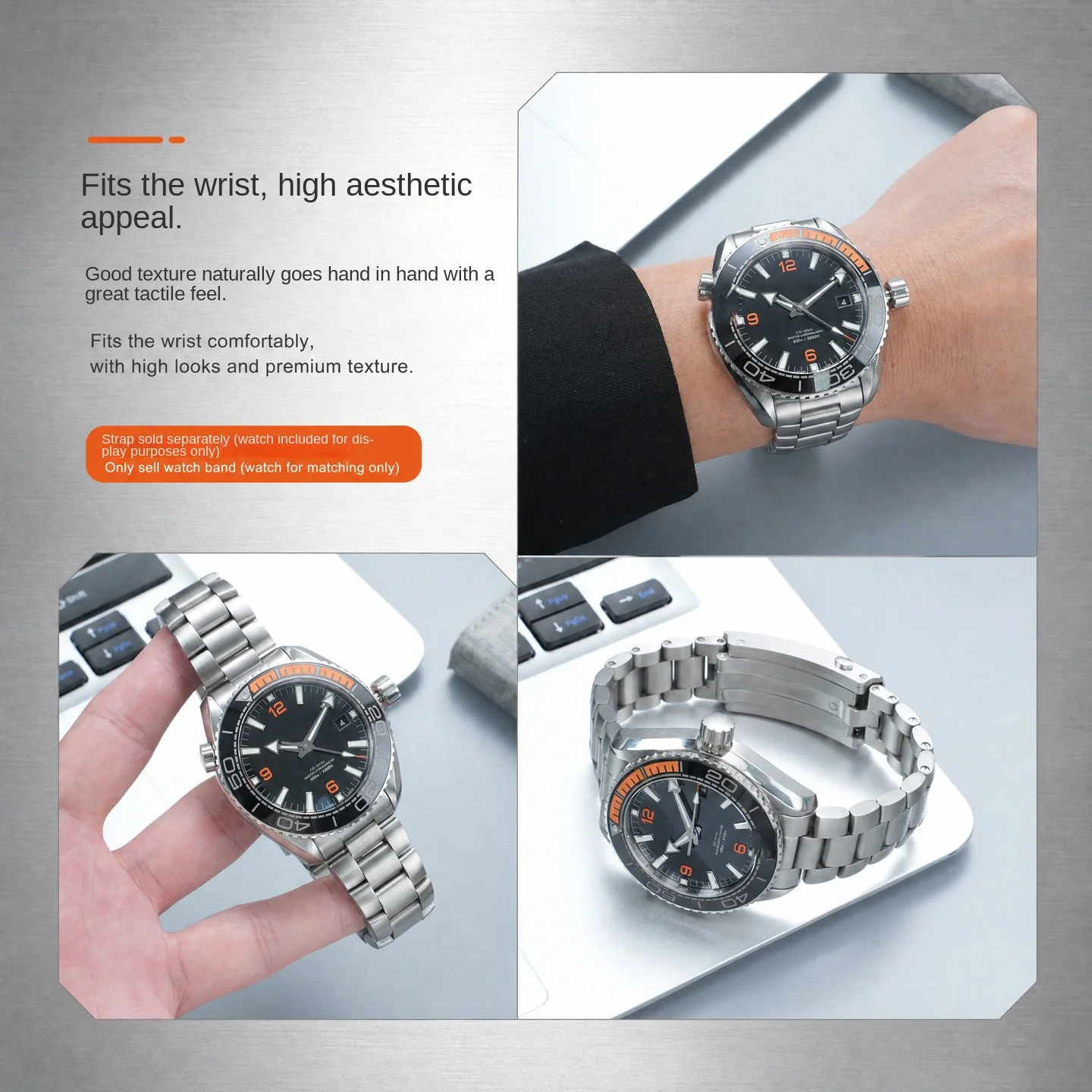 21mm Curved strap for Omega Seamaster 600 series ocean universe quarter orange stainless steel band，Adjustable folding buckle