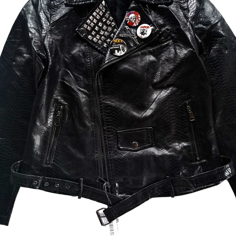 American Original Spring Punk Rock Leather Jacket Rivet Badge Crocodile Pattern Cable-stayed Locomotive Leather Jacket Women