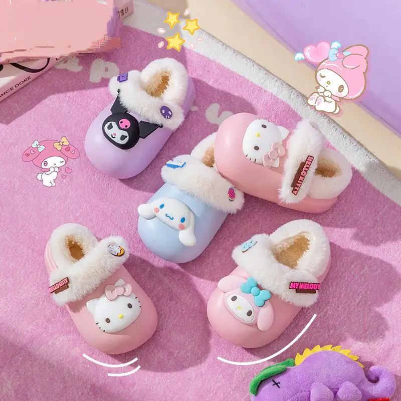 

Hot Sanrio Y2K Kuromi Girl Slippers Kawaii Anime Fashion Student Waterproof Winter Cotton Slippers Non-Slip Children's Shoes New