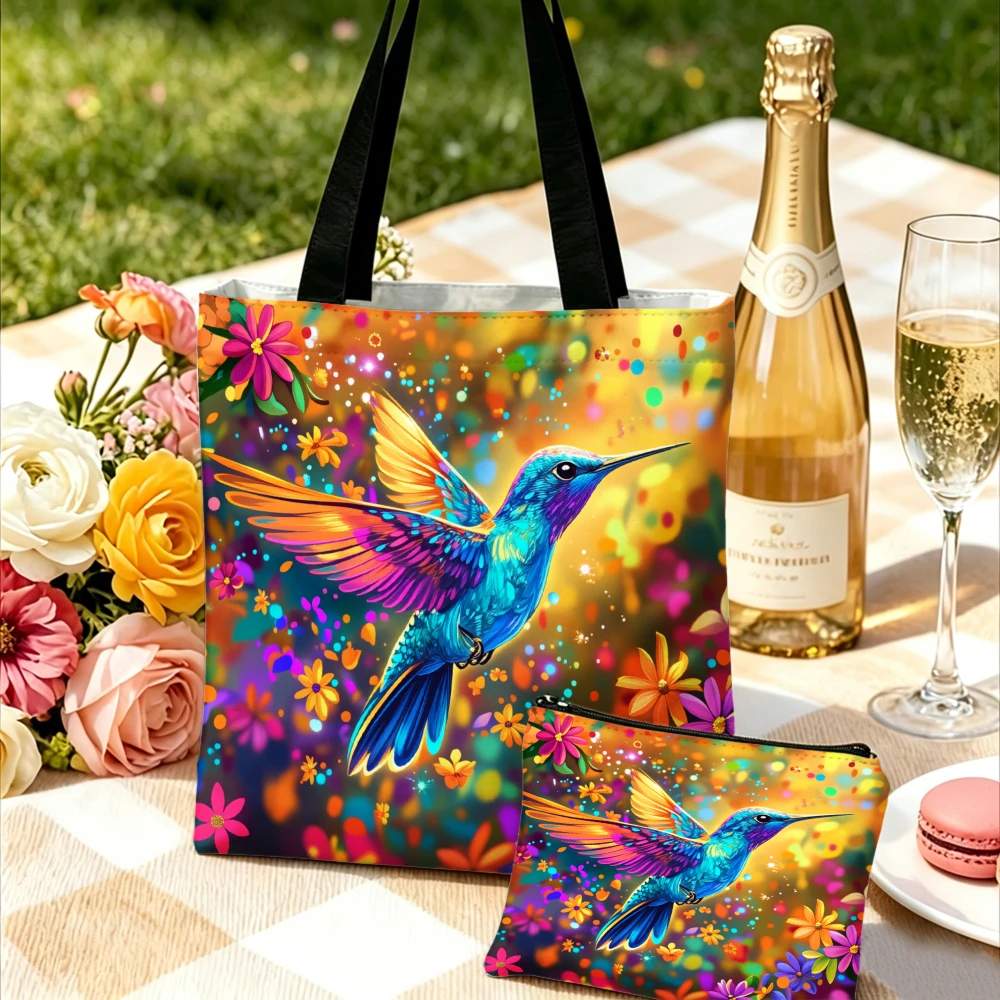 

Colorful Hummingbird Print Handbag Multicolor Floral Pattern Tote Bags And Makeup Bag Combination Shopping Travel Shoulder Pouch