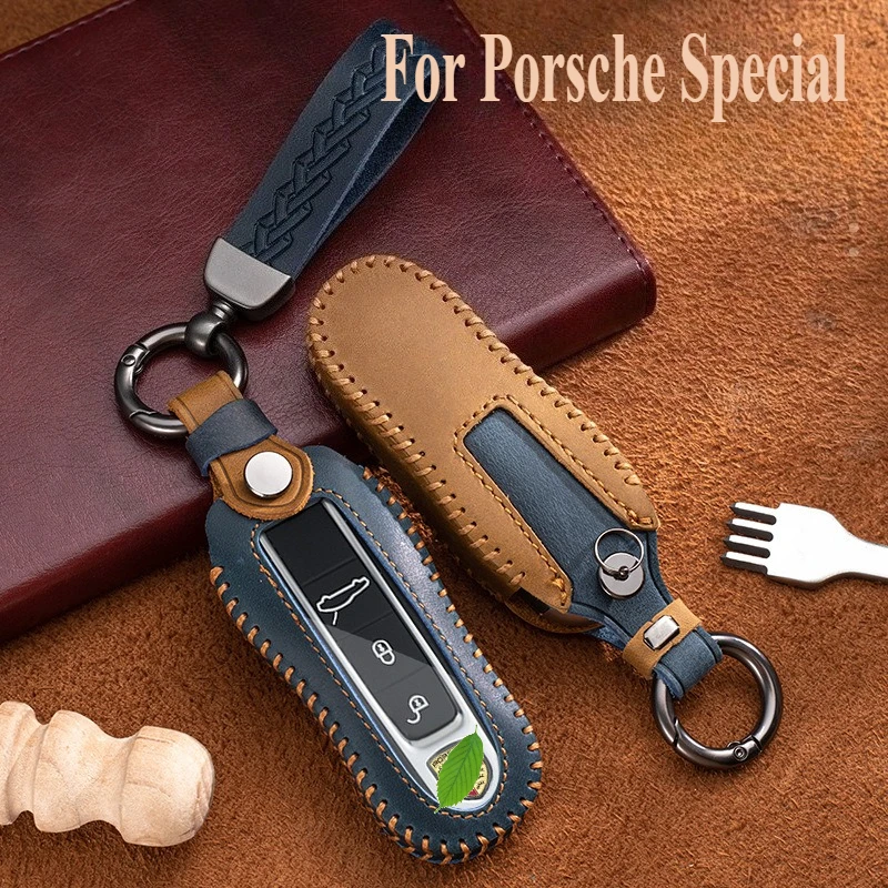 

Handmade Genuine Leather Car Fob Key Case Holder Cover Smart Remote Protector Shell For Porsche Cayenne Panamera Macan 911 718