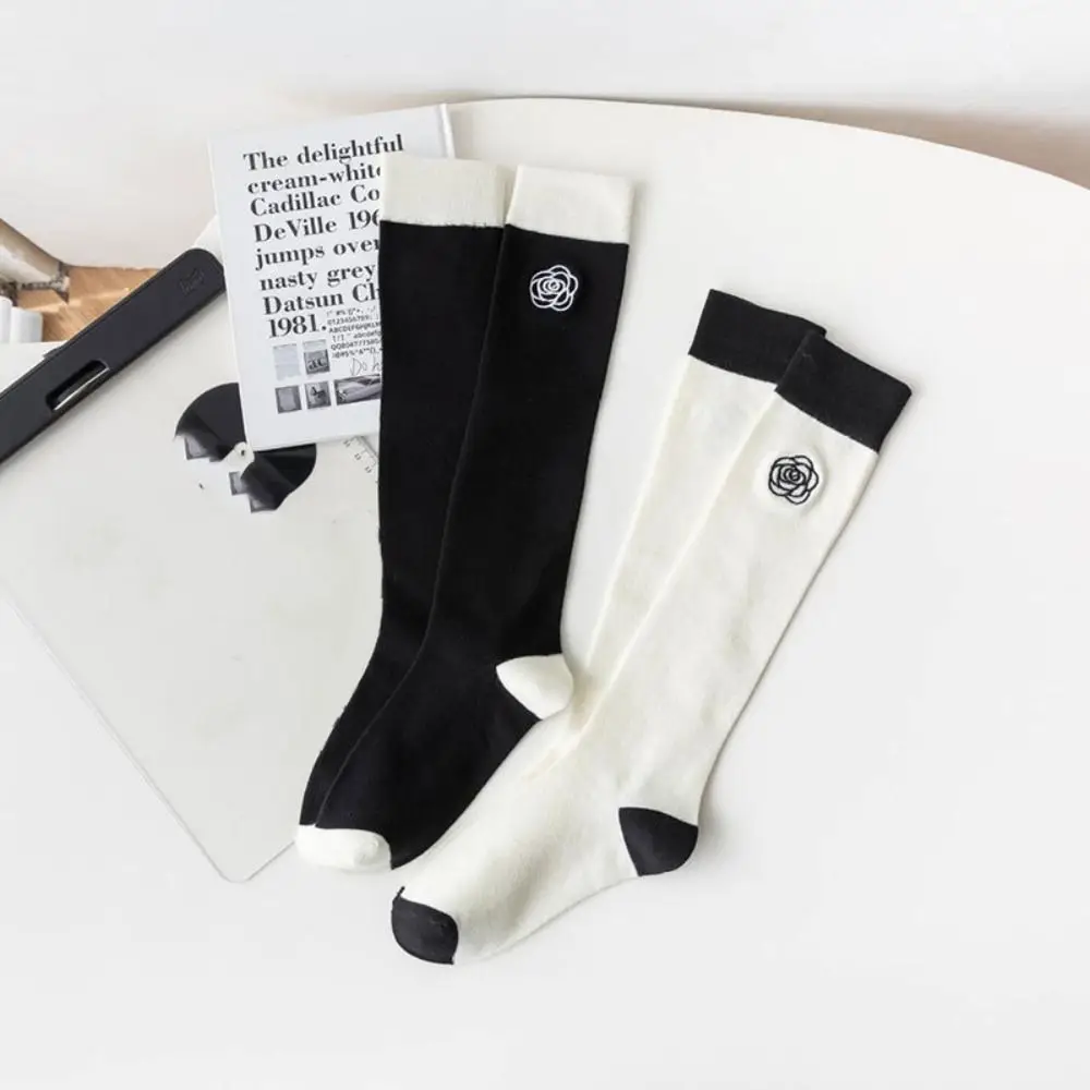 Sweet Embroidery Camellia Knee High Socks Breathable Cotton Golf Sport Socks Fashion Women Girls Skirt Matching Calf Socks