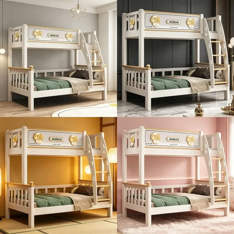 Mushroom Solid Wood Bunk Bed with Safety Ladder Guardrail Double Deck Mother Child Sleeping Furniture for Kids Room