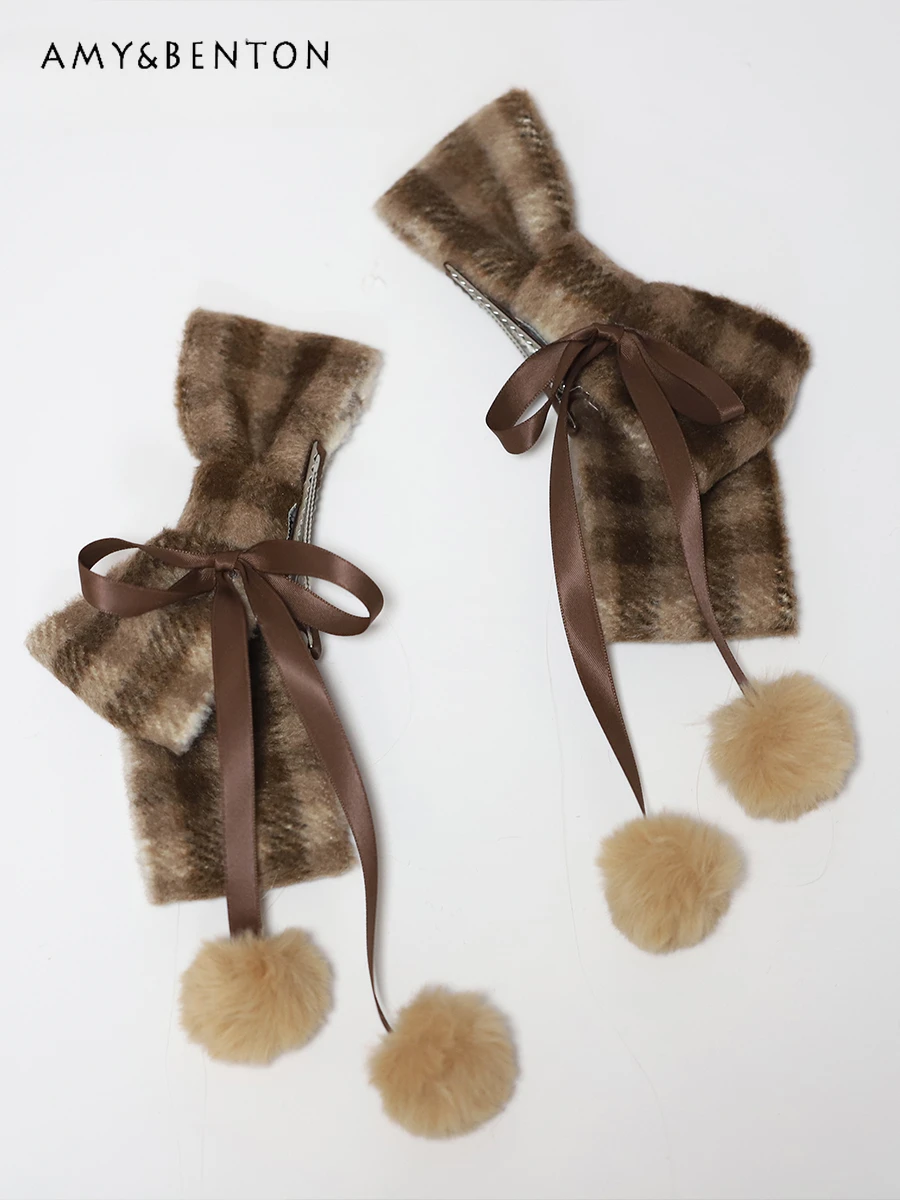 Lolita handgemachte Haarspangen für Frauen elegante Vintage karierte Schleife Haarspangen Kawaii braun Doppel Pferdeschwanz Haarschmuck Winter
