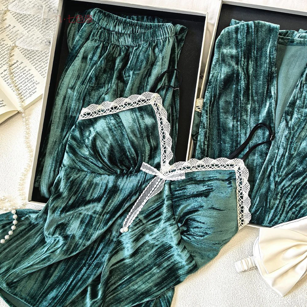 

Female 3PCS Velvet Robe Pajamas Set Sleepwear Sexy Lace Trim Lingerie Bathrobe Trouser Pijamas Suit Velour Homewear Loungewear