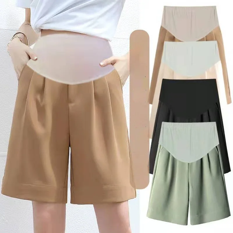 Summer Pregnant Women Shorts Ice Silk Dress Pants Knee-length Straight Wide-legged Trousers Office Lady Elegant Shorts M-4XL