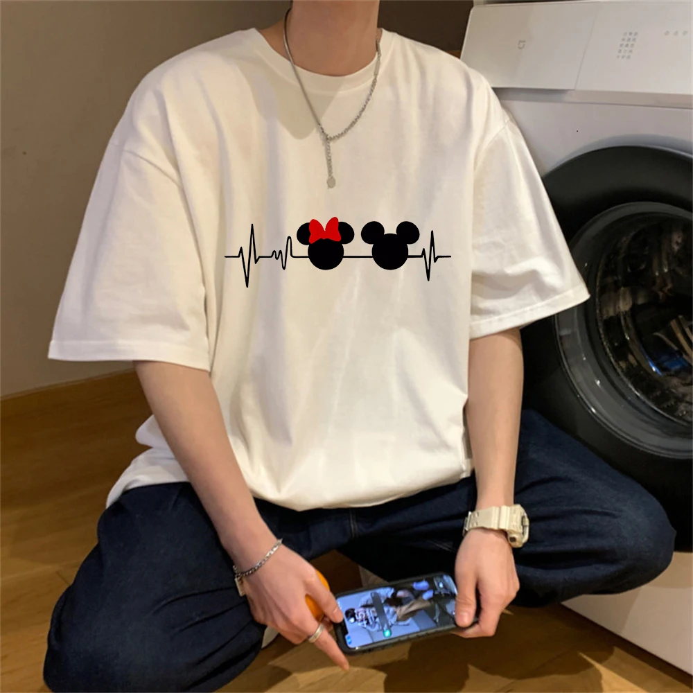 

Summer Love Heartbeat Disney Minnie Mouse Printed Short Sleeve Clothing Cotton Men Women's T-Shirt Harajuku Clothing Top Couple