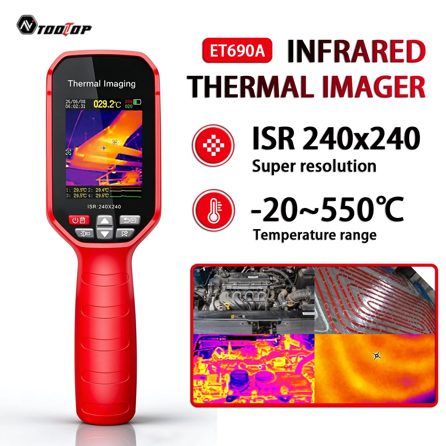TOOLTOP ET690A Caméra thermique 2,8 pouces ISR240x240 avec stockage 4G, chargement USB, caméra IR -20~500 ℃   Suivi de la température pour le diagnostic électrique