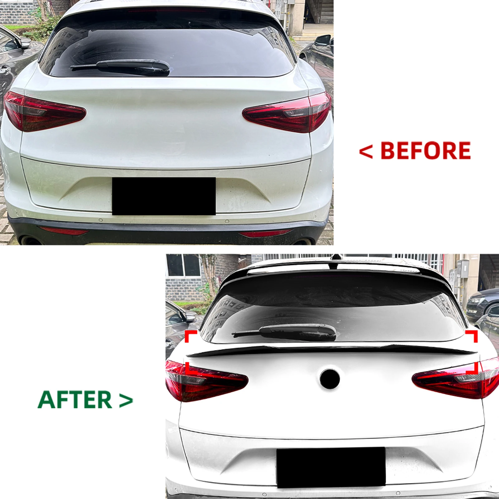 Rear Middle + Roof Spoiler Wing For Alfa Romeo Stelvio 2018-2024 4-Door Carbon Fiber Look/Gloss Black Trunk Upper Splitter Lip