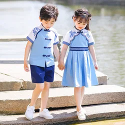 Summer New Boy And Girl Ancient Vintage Button Hanfu Dress Chinese Style Embroidery Two Piece Suit Performance Role Play Costume